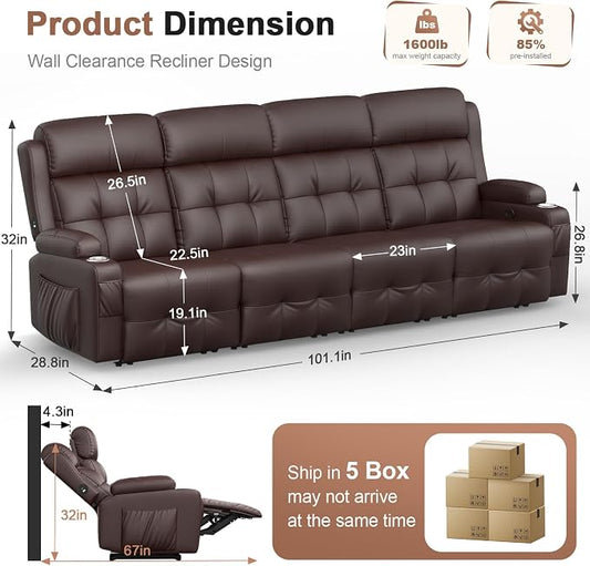 Reclining Couch, 113" PU Leather Sofa Recliner with Massage - 4 Seat Home Theater Seating Comfy Soft, Manual Wall Hugger Reclining with Lumbar Support Sofa Set for Family Living Room, Brown