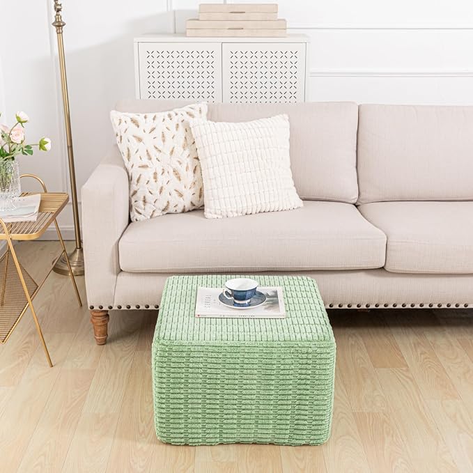 Asuprui Round Square Pouf Ottoman Foot Rest – Lightweight Modern Footstool with Plush Foam Filling, Perfect for Living Room Decor & Cozy Comfort – 20x20x14 Inch Chic Accent Piece (Sage Green)