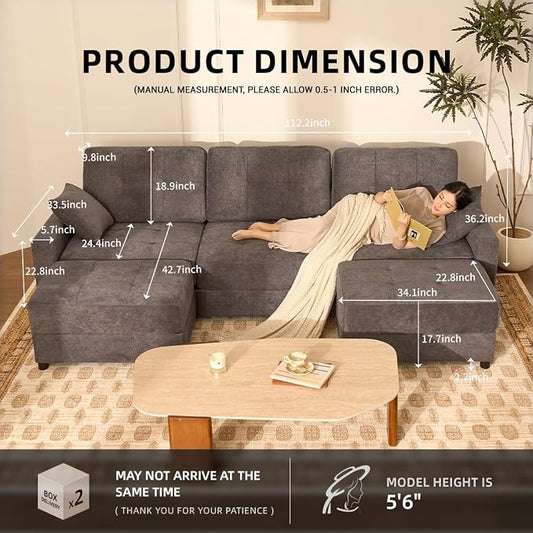 112" U Shaped Modular Cloud Sectional Couch, Waffle Fabric, Dark Gray | Modular Deep Seat Sofa, Movable Ottoman, Pocket Spring Cushions, 2-Box Delivery, Living Room Lounge Use, Not Boneless