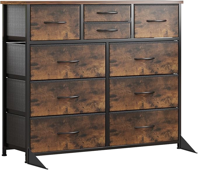 LUMTOK 10-Drawer Dresser, Fabric Storage Tower with Drawers for Bedroom, Dresser Drawer with Handle for Bedroom, Living Room, Hallway, Closets & Nurseryteel Frame, Wood Top (10 Drawer/Rustic Brown)
