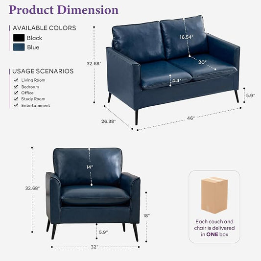 TYBOATLE Faux Leather Loveseat Sofa and Accent Chair Set of 2, Comfy Love Seat Couch and Chair Set, Mid-Century Modern 2 Seat Couches for Small Spaces, 3 Pieces Living Room Furniture Sets (Blue, 3)