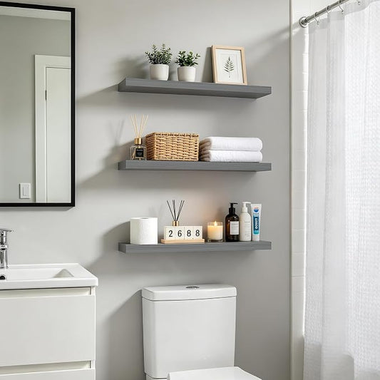 BAYKA Grey Floating Shelves for Wall, Set of 3, 22.5 inch Wall Mounted Shelf for Bedroom, Living Room, Kitchen – Wood with Hidden Metal Brackets, 22LBS Capacity – Storage for Books, Plants, Decor