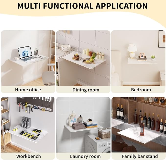 GOYLSER Wall Mounted Desk Folding Table Laundry Fold Table, White Marble Fold Down Work Bench, Foldable Mount Station for Floating Bar, Office, Dining Room, Kitchen, 35" x 20.5"