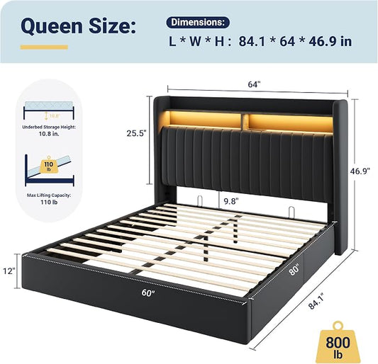 Allewie Queen Size Lift Up Hydraulic Storage Bed Frame, 2-Tier Shelf Headboard with LED Lights and Charging Station, USB and Type C Ports, Wingback Velvet Headboard, No Box Spring Needed, Black