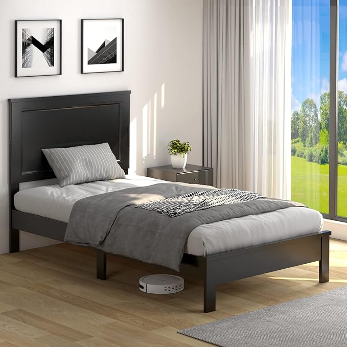 Giantex Wood Twin Bed Frames with Headboard, Mid Century Platform Bed Frame with Solid Wood Legs & Wooden Slat Support, Twin Bed Frames for Kids Adults, Black Bed