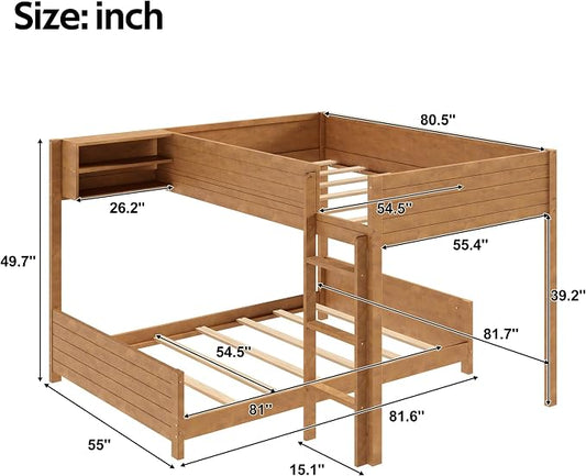 Full XL Over Full XL Bunk Bed with Built-in Storage Shelf & Ladder, Wood Bed Frame with Support Slats, Space-Saving Design, Walnut