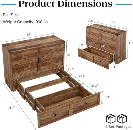 LUXOAK Full Murphy Bed with Storage and Charging Station, Farmhouse Cabinet Bed, Noise-Free, for Guest Room, Apartment, or Office, Barnwood