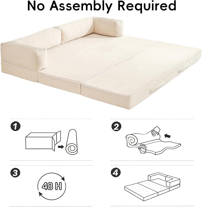 5-in-1 Convertible Sofa Bed Queen, 60" Boneless Loveseat Couch Tri Folding Mattress with L-Shaped Armrests, Corduroy Futon Couch Sleeper with Pull Out Bed for Living Room Bedroom Apartment, Beige