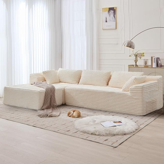Korser 108" L-Shaped Modular Sectional Sofa with Chaise, Boneless Comfy Corduroy Fluffy Couch with Deep Seat and Side Pockets, Flexible Module Combination for Living Room, No Assembly, Side Pockets