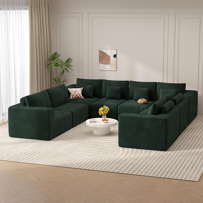 Modern U Shaped Modular Sectional Sofa, Convertible Oversized Cloud Couches for Living Room, Comfy 8 Seater Corduroy Boneless Couch Sofa Set, No Assembly Required, Beige 1 PCS