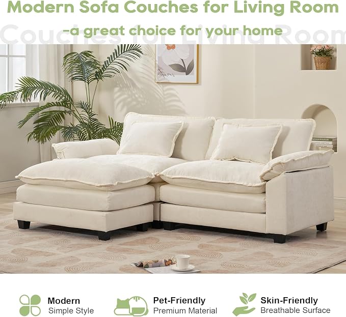 Oprisen 86" Modular Sectional Sofa, Comfy Cloud Couch Sectional Sofa with Ottoman, Chenille Sofa Sleeper Deep Seat Sofa with Throw Pillows for Living Room (Beige White, 86"- L Shape)