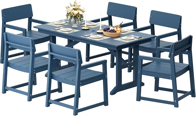 Shintenchi 7 Pieces Outdoor Dining Set,HDPE Outdoor Table and Chairs Set for 6,All Weather Patio Furniture Sets with Umbrella Hole,Modern Wooden Textured Dining Sets for Backyard,Garden,Blue