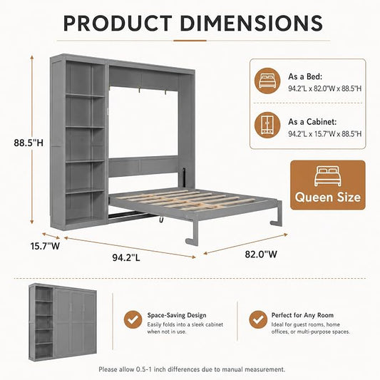 Queen Murphy Bed Cabinet with Storage, Wall Bed with Five-Layer Cabinet, Murphy Cabinet Hidden Bed, Space Saving Cabinet Bed with Dual Piston Mechanism for Apartment, Guest Room, Office (Gray 5)
