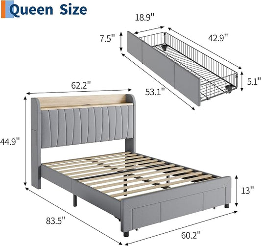 GarveeHome Upholstered Bed Frame with Storage Headboard and Charging Station, Platform Bed Frame with Drawers, Heavy Duty, No Box Spring Needed, Easy Assembly, Grey, Queen Size