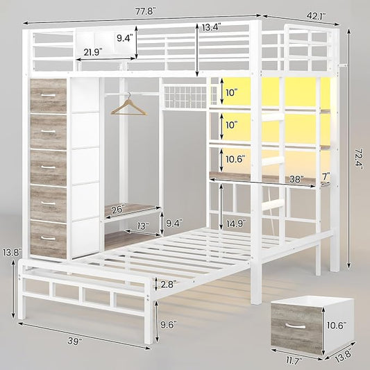 VIAGDO Bunk Bed Twin Over Twin with 5 Storage Drawers, Twin Bunk Beds with Charging Station and Lights, L-Shaped Metal Bunk Bed with Shelves, Bedside Pocket, Guardrail & Ladder for Kids, Teens, White
