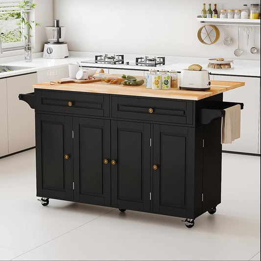 59 Kitchen Island Cart with Drop Leaf Breakfast Bar, Rolling Mobile Kitchen Island Table on Wheels with Storage Cabinet, Drawer, Spice/Towel Rack, Black