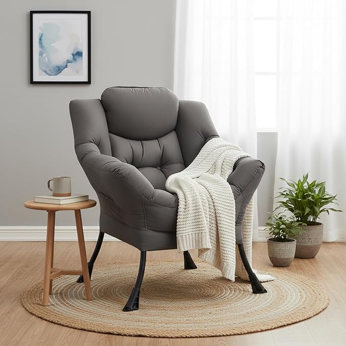 Welnow Dark Grey Single Lazy Chair for Living Room, Modern Reading Accent Chair with Armrests and a Side Pocket, Leisure Lazy Sofa Chair for Small Space, Bedroom, Dorm