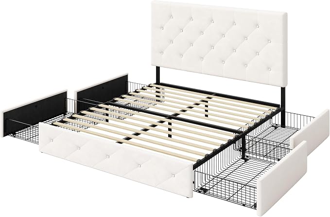 Allewie Upholstered Queen Size Platform Bed Frame with 4 Storage Drawers and Adjustable Headboard, Diamond Button Tufted, Wooden Slats Support, Noise-Free, No Box Spring Needed, Easy Assembly, White