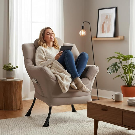 Lazy Chair for Living Room, Modern Soft Reading Chair Accent Contemporary Sofa Chair with Armrests and a Side Pocket for Bedroom, Dorm & Office, Khaki