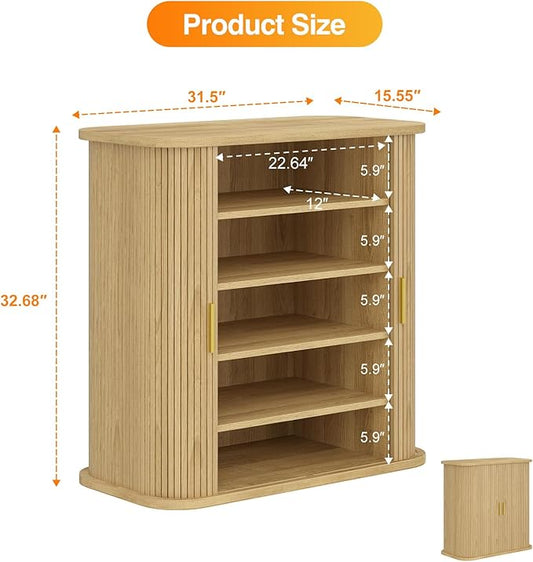 UNIQUITE Shoe Storage Cabinet with Sliding Doors, 5-Tier Wood Shoe Cabinet for Entryway, Adjustable Shelves Freestanding Shoe Organizer with Gold Handle for Hallway, Living Room, Natural