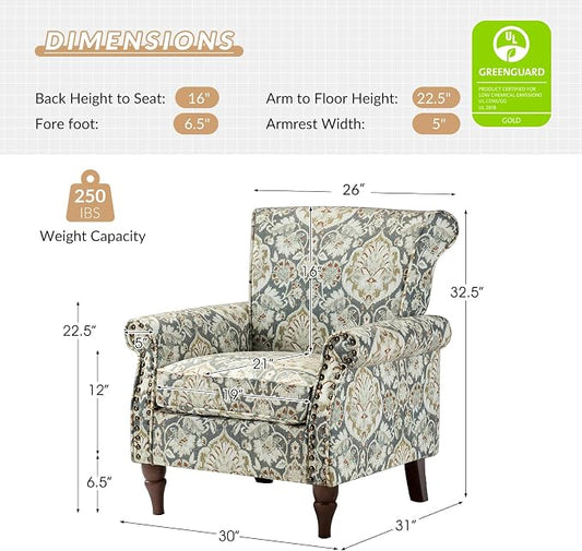 HULALA HOME Modern Wingback Accent Chair with Wood Legs & Removable Cushion, Comfy Upholstered Armchair with Nailhead Trim, Floral Pattern Single Sofa Chair for Living Room Bedroom, Pine