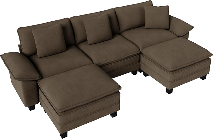 PHI VILLA Cloud Modular Couch Sets, 123.6" Oversized Sectional Sofa with U-Shaped Chaise, 5-Seater Couches with 2 Movable Ottomans for Living Room, Chenille Grayish Brown