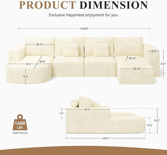 134" Boneless Couches for Living Room,Large U-Shaped Modular Sectional Sofa with Convertible Ottoman,Modern Cozy Cloud Couch in a Box,Sponge Compression Deep Seat Sofas with Chaise,Beige,1pcs