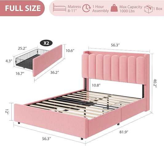 Garvee LED Full Size Bed Frame with Storage Headboard, Kids Bed Frame with 2 Drawers, Boucle Upholstered Platform Bed for Girls, Chic Wavy Headboard with Bookcase, No Box Spring Needed, Pink