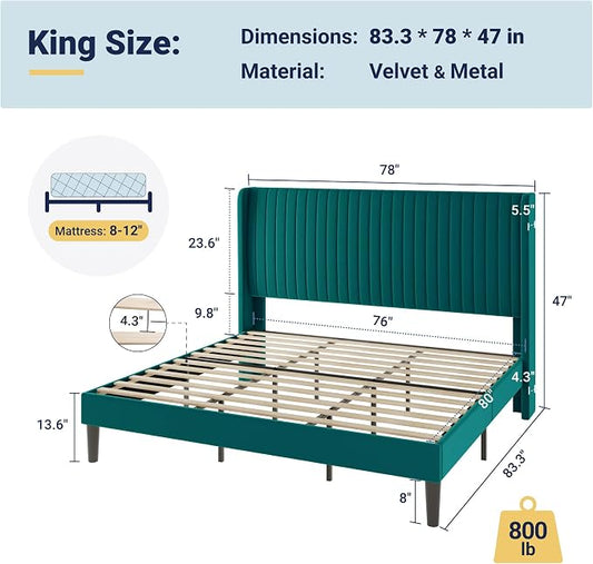 Allewie King Size Bed Frame/Velvet Upholstered Platform Bed/Vertical Channel Tufted Wingback Headboard/Strong Wooden Slats/No Box Spring Needed/Easy Assembly/Teal