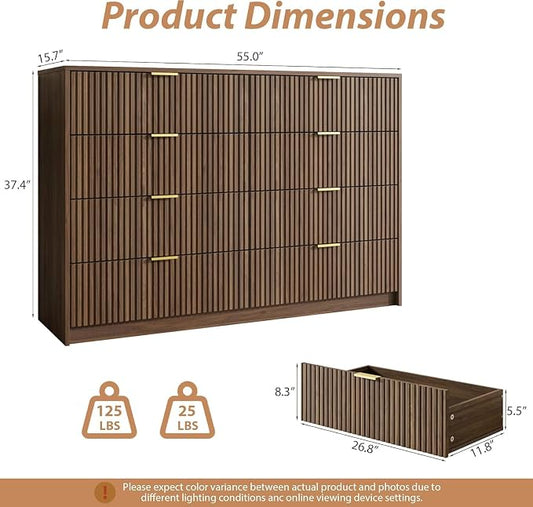 MAISONARIA 3-Piece Dresser Bedroom Set, 8 Drawer Dresser & 2 Drawer Nightstands with Gold Handles, Fluted Wood Chest of Drawers for Bedroom, Living Room, Entryway, Walnut