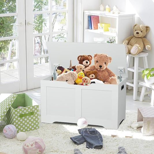 Timberer 31.5" Storage Chest, Wooden Storage Bench, Lift Top Toy Chest with 2 Safety Hinges, Large Toy Box, Entryway Shoes Bench for Living Room, Bedroom, White