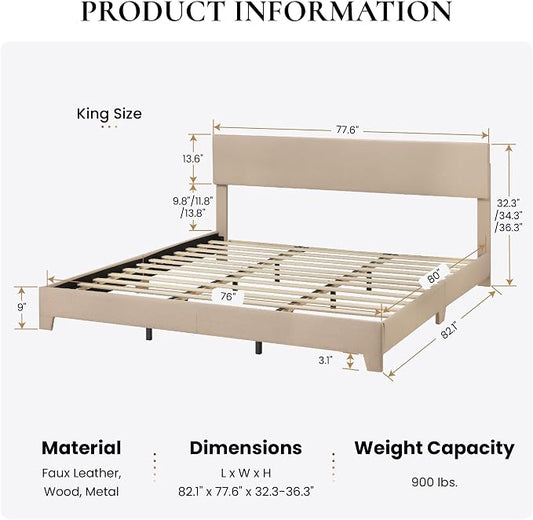 SHA CERLIN Linen Upholstered King Size Bed Frame with Headboard, Beige | Adjustable Low-Profile Platform Bed, Minimalist Design, Stable Mattress Foundation, Strong Back-Support, No Box Spring Needed