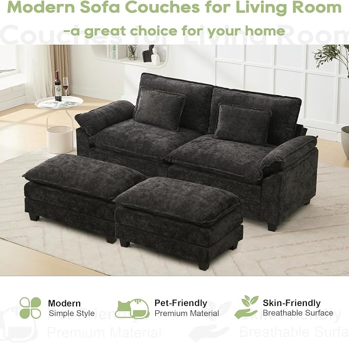 Oprisen 86" Modular Sectional Sofa, Comfy Cloud Couch Sectional Sofa with Ottoman, Chenille Sofa Sleeper Deep Seat Sofa with Throw Pillows for Living Room (Black)