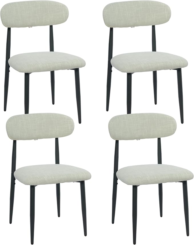 FREKEN Modern Upholstered Dining Chairs Set of 4, Mid-Century Metal Frame Linen Fabric Side Chair for Kitchen Dining Room, 350lbs Capacity, Beige