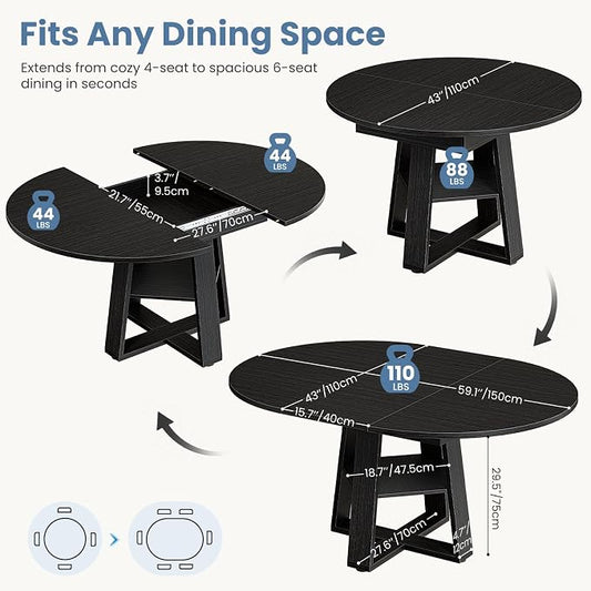 DUMOS Extendable Round Dining Table for 4-6, Modern Kitchen Oval Dinner Table with Storage Shelf, Wood Pedestal Base, Space Saving Modern Style, Black