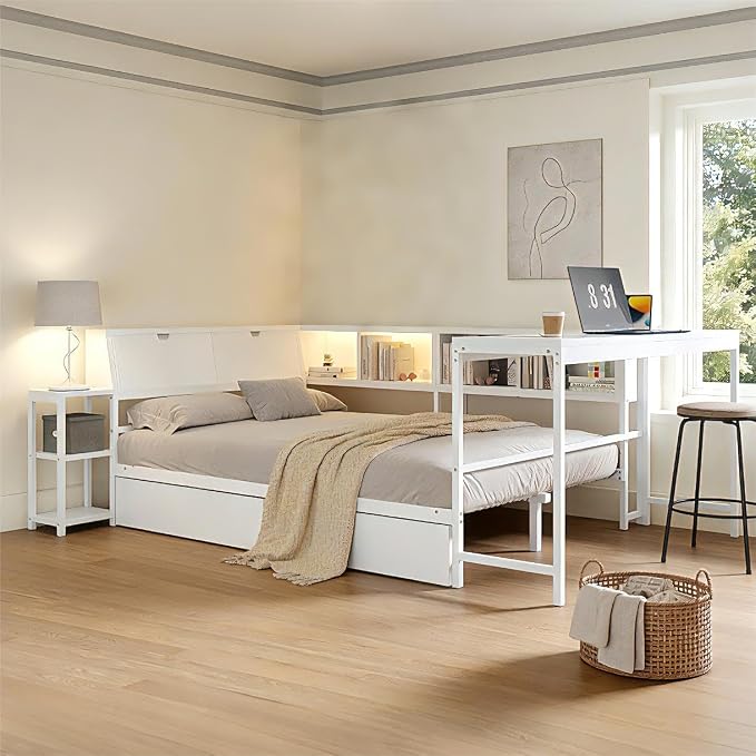 Bellemave Twin Corner Bed Frame with Storage Bookcase & 2 Drawers,Sturdy Metal Twin Daybed with LED Lights & Charging Station, Reversible Twin Corner Bed with Desk for Space-Saving, White