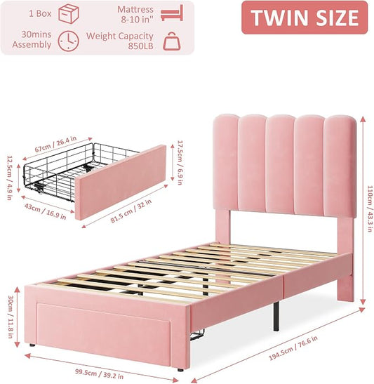 IDEALHOUSE Twin Bed Frame with Storage Drawer and Headboard, Velvet Upholstered Twin Platform Bed Frame for Girls, Strong Wooden Slats Support, Noise-Free, Easy Assembly (Pink)