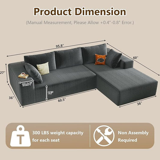 96" Modular Sectional Couch, Boneless L Shaped Cloud Sofa with Chaise Lounge, Corduroy Upholstered Couches Memory Foam Deep Seat, No Assembly Required, Ideal for Living Room(Dark Gray, Right Facing)