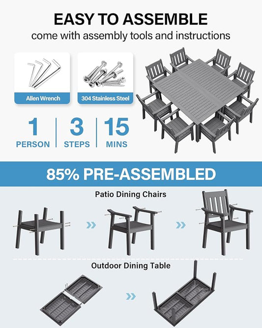 YEFU HIPS Patio Table Set: 10 Piece Outdoor Table and Chairs Dining Furniture Set with Umbrella Hole - Gray Modern Plastic Dining Sets 8 Person for Outside Deck with Metal Aluminum Frame