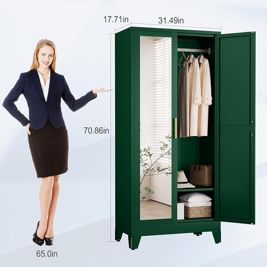 71" Metal Armoire Wardrobe Closet, Steel Clothing Storage Cabinet with Mirror and Adjustable Shelves, Household Steel Wardrobes Storage Cabinet with Adjustable Standing Feet and Hanging Rod(Green)