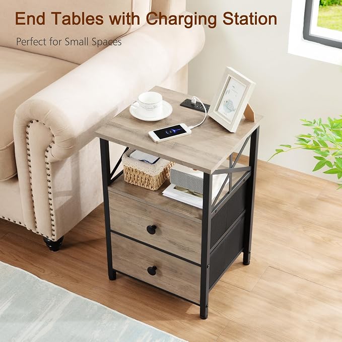 AMHANCIBLE Nightstands Set of 2, Night Stand with Charging Station, Small Bedside Table with 2 Fabric Drawers, End Tables Living Room with USB C Ports for Bedroom, Greige HET05XGY