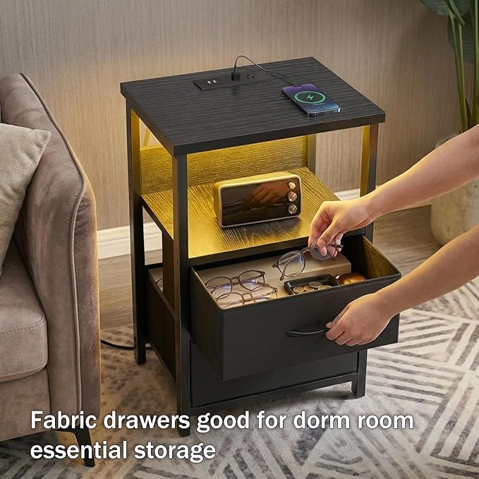 Fixwal Night Stand with Charging Station (2 AC Outlets & 2 U-S-B Ports) LED Nightstand Small Dorm Room Furniture, 2 Fabric Storage Drawers, Bedside Table End Tables Bedroom, Modern Black