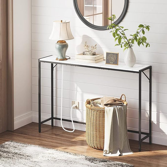 MAHANCRIS Console Table, Narrow Sofa Table Behind Couch, 43.7” Entrance Table with Power Station, Simple Style, for Living Room, Hallway, Entryway, Foyer, Marble and Black CTHM112E01
