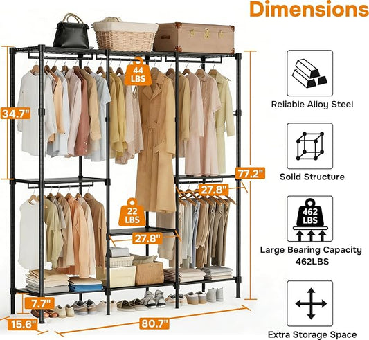 Simple Deluxe Clothes Rack, Heavy Duty Clothing Rack, 4-Shelf Portable Adjustable Wardrobe Closet with Hanging Rods, 80.7" W x 15.5" D x 77.1" H, Black