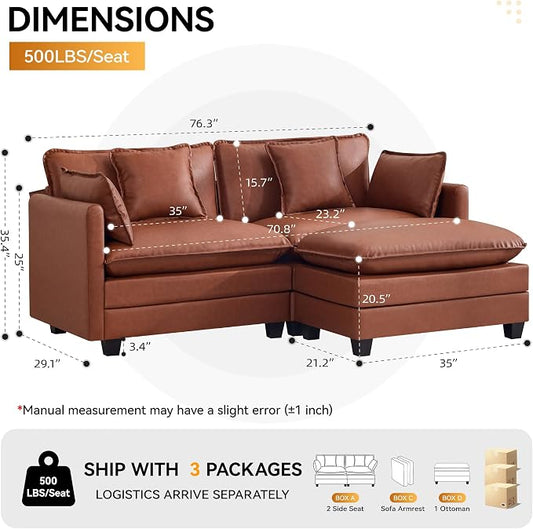 76'' Cloud Deep Seat Loveseat Sofa, Upholstered Leather Modular 2-Seats Sectional Sofa Couch with Movable Ottoman, Modern Comfy Settee Loveseat for Living Room Set, Small Apartment,Leather Brown