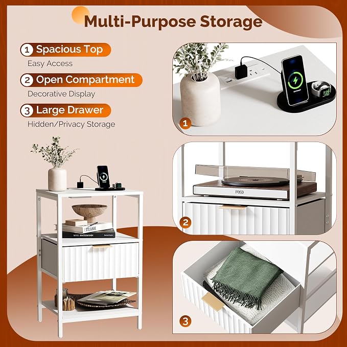 VINGLI White Nightstand with Charging Station and Fabric Drawer, Fluted Night Stand/Bedside Table, Small Night Stand with Charger Station for Bedroom, Dorm, 14.96" W*11.81" D*23.7" H, 1 pc