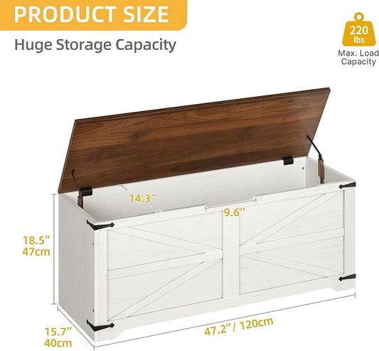 DWVO Storage Bench, 47.2" Farmhouse Storage Chest with 2 Safety Hinges, Wooden Utility Organizer, Shoe Bench for Entryway, Bedroom, Living Room, White and Walnut