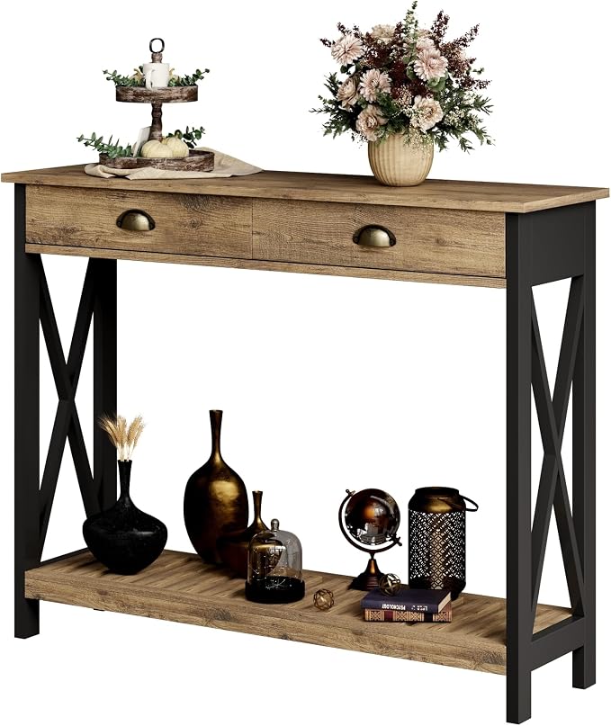 ChooChoo 47" Farmhouse Console Table with Drawer for Entryway, Narrow Long Entry Table with Shelf for Living Room, Rustic Vintage Hallway Sofa Table with Stable X Supports, Rustic Oak & Black