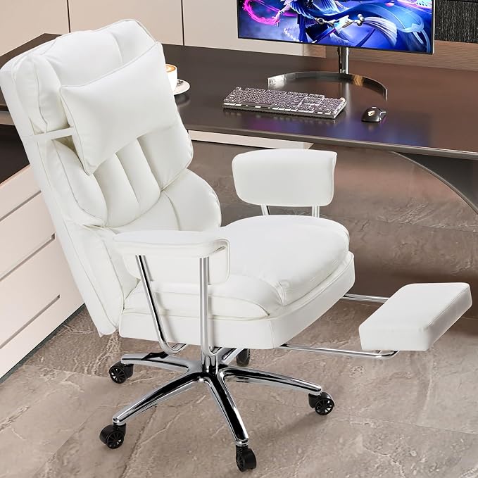 Sweetcrispy Executive Home Office Desk Chair - Ergonomic Big Tall High Back with Footrest & Lumbar Support, Reclining Height Adjustable, Comfy PU Leather Computer Gaming with Swivel Wheels, White