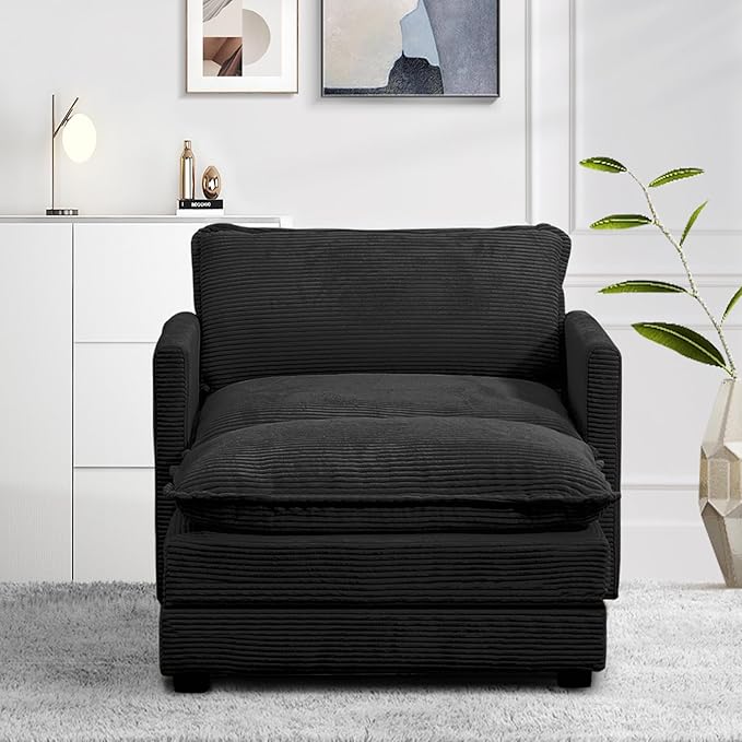 ROWHY Single Armchair with Ottoman, Modern Corduroy Cloud Couch with Convertible Chaise, Upholstered Sofa Set for Living Room, Black